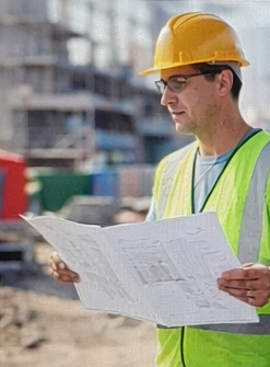 Chef de chantier avec plan et casque sur site